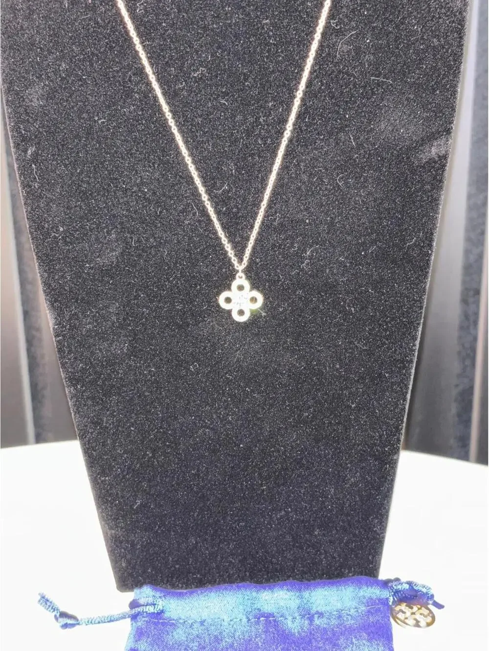 Tory Burch Gold Tone Pendant Necklace with Blue Velvet Pouch